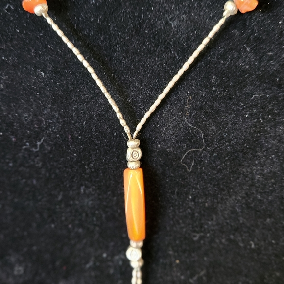 Lariat Sterling Silver Orange Beaded Necklace 14" + 5" Dangle - Picture 5 of 5
